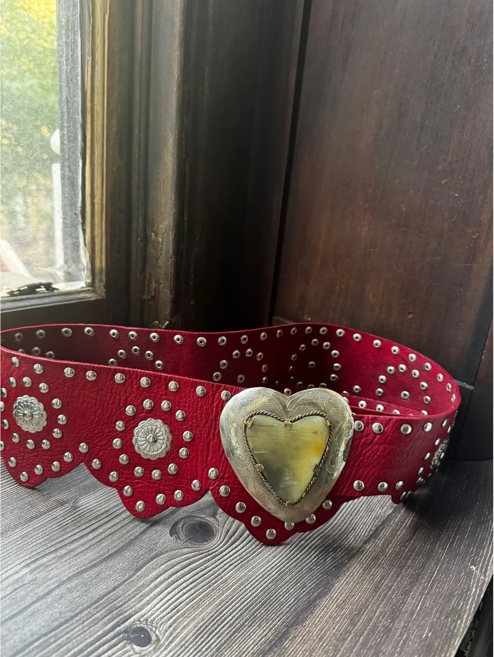Anthropologie RARE Red Leather Multi Heart Studded Hip Belt One Size